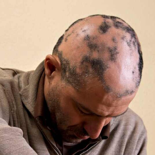 Man in bruine sweater, met kale plekken op het hoofd door Alopecia., naar beneden kijkend.