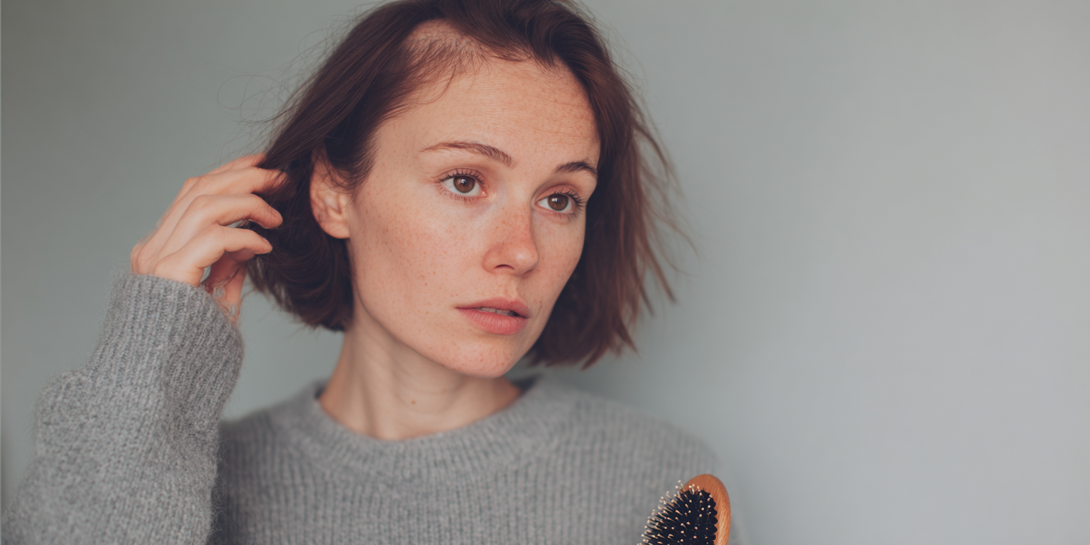 Vrouw met alopecia en kale plekken op het hoofd.